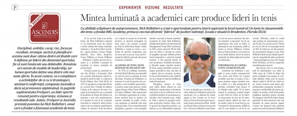 Rubrica de leadership din ziarul Prosport - Mintea luminată a academiei care produce lideri in tenis