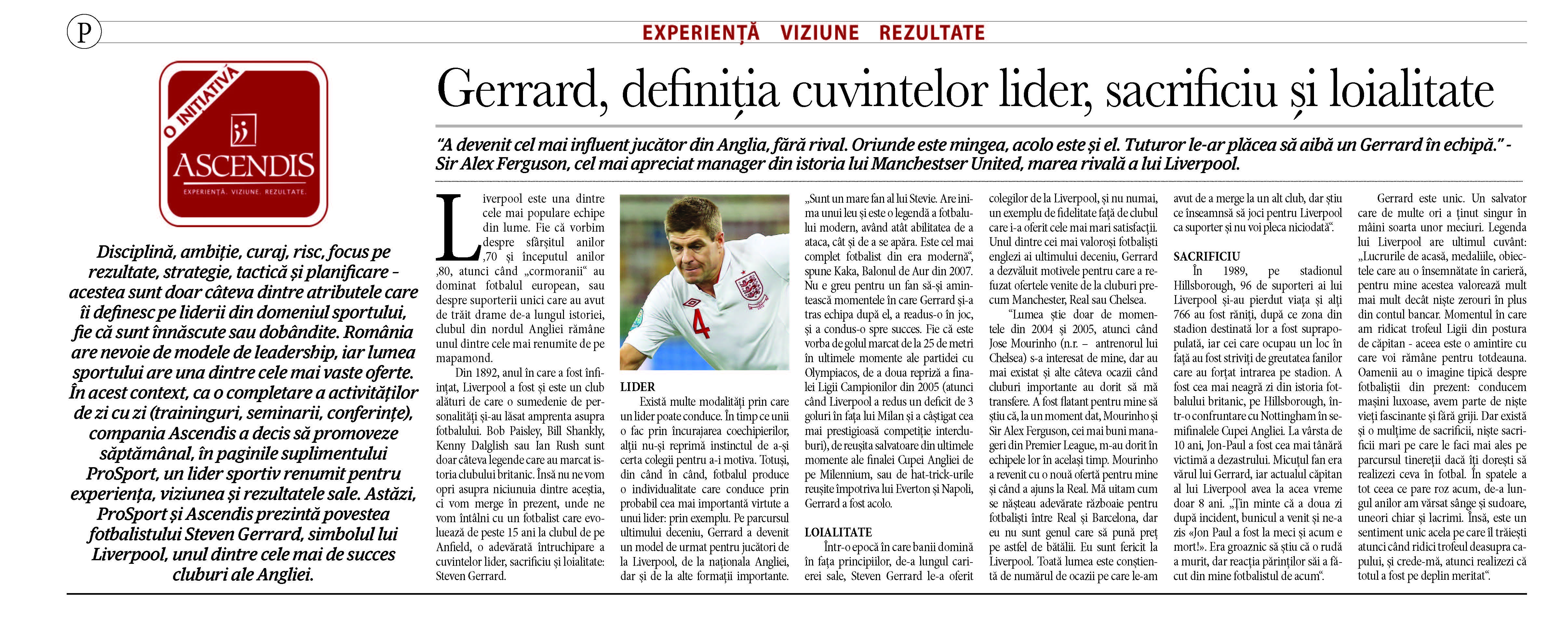 Rubrica de leadership din ziarul ProSport - Gerrard, definiția cuvintelor lider, sacrificiu și loialitate