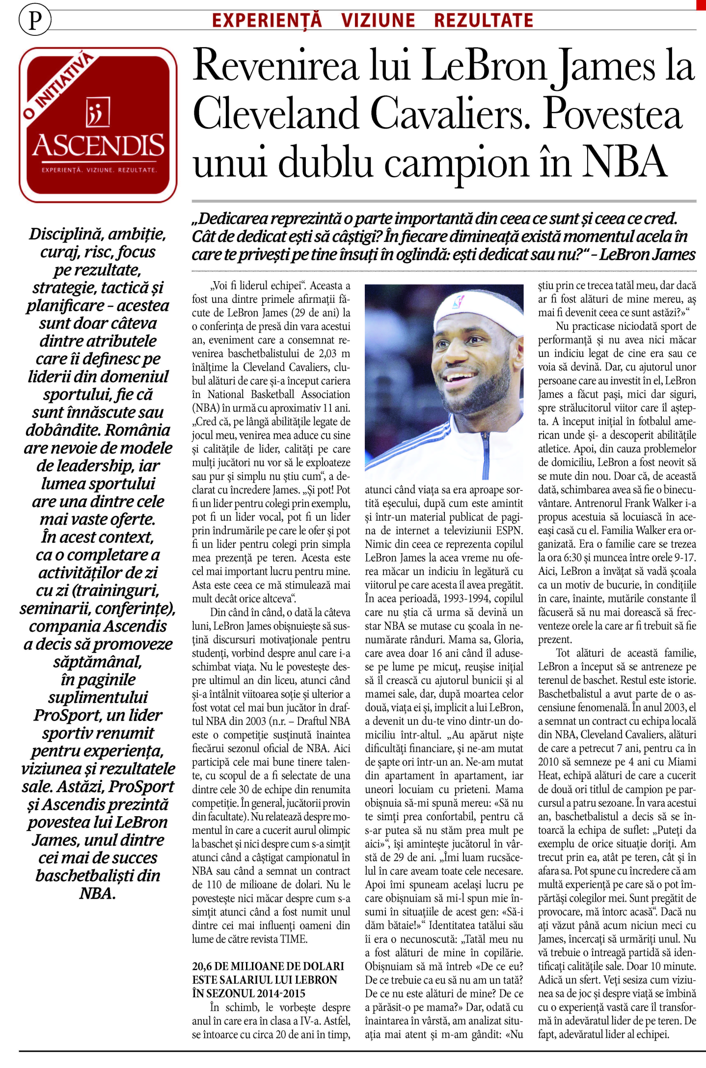 Rubrica de leadership din ziarul ProSport – Revenirea lui LeBron James la Cleveland Cavaliers. Povestea unui dublu campion